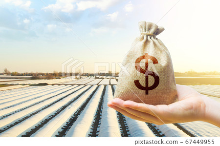 A hand holds out a dollar money bag on a background of white spunbond agrofibre rows on a farm field. Lending farmers and agricultural enterprises. Support and subsidies. Protective coating for corps. A hand holds out a dollar money bag on a background of white spunbond agrofibre rows on a farm field. Lending farmers and agricultural enterprises. Support and subsidies. Protective coating for corps. 67449955