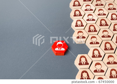 Red person is outside of order system. Refusal to participate, withdrawal in protest. Exit project, dismissal from work. Cooperation and collaboration, teamwork. Strength in unity. Candidate selection 67450000