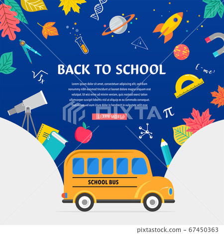 School bus, back to school concept illustration with icons of supplies and books. Vector background School bus, back to school concept illustration with icons of supplies and books. Vector background 67450363