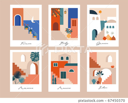Abstract places, villages, small streets, old towns in Morocco, Mexico, Greece and Italy in pastel 67450370