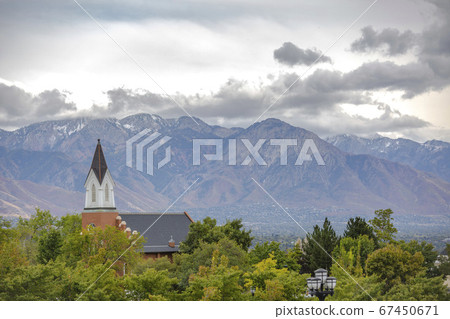 Salt Lake City landscape with church steeple 67450671