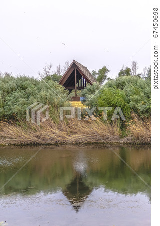 Roof and foliage reflected on the water in Provo 67450698