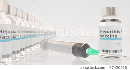 Medical bottles with hepatitis E vaccine and syringe, 3D rendering Medical bottles with hepatitis E vaccine and syringe, 3D rendering 67450916