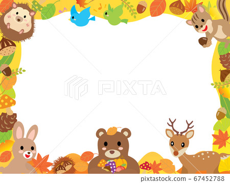 Frame of autumn leaves, food and cute forest animals 67452788
