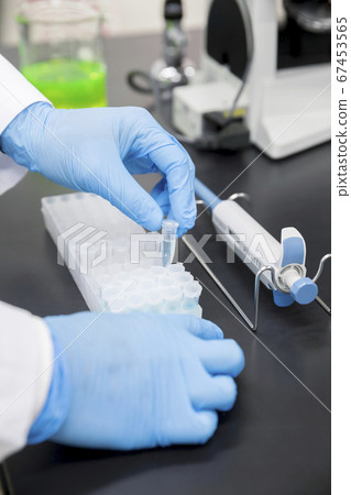 Researcher male accommodating a microtube in a stand Research, development, experiment, gene research image Researcher male accommodating a microtube in a stand Research, development, experiment, gene research image 67453565