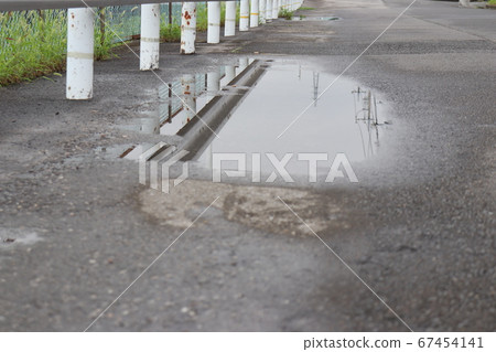 Road with guardrails and puddle Road with guardrails and puddle 67454141