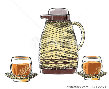 Nadeshiko圖案的柳條鍋和冷茶杯倒入大麥茶，印刷風格 67455471