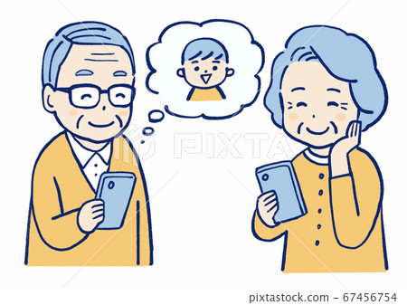 高級的插圖高興地看到他的孫子在智能手機上的圖片 67456754