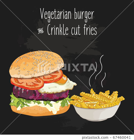 Hand drawn colorful vegetarian burger and crinkle cut fries Hand drawn colorful vegetarian burger and crinkle cut fries 67460041
