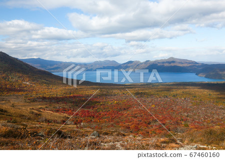 Autumn in Hokkaido, Chitose City, Autumn leaves overlooking Lake Shikotsu from Mt. Tarumae Autumn in Hokkaido, Chitose City, Autumn leaves overlooking Lake Shikotsu from Mt. Tarumae 67460160