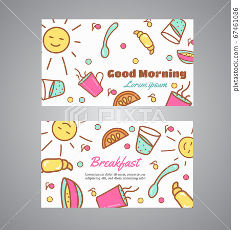 Good Morning text. Breakfast slogan. Cafe, bakery concept business card. Coffeee and tea vector design Line icons vector Good Morning text. Breakfast slogan. Cafe, bakery concept business card. Coffeee and tea vector design Line icons vector 67461086