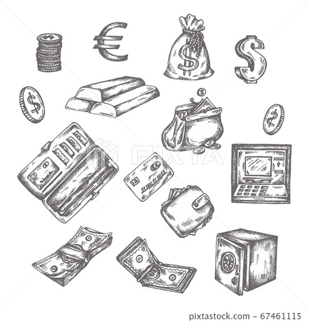 Finance, money set. Hand drawn finance vector sketch icons. Bank, payment, investment doodle Dollar Banknotes and Coins Vector illustration Elements for business presentations, web and advertising 67461115