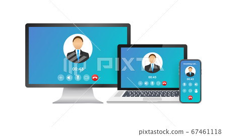 Incoming video call on laptop. Laptop with incoming call, man profile picture and accept decline buttons. Vector stock illustration. Incoming video call on laptop. Laptop with incoming call, man profile picture and accept decline buttons. Vector stock illustration. 67461118