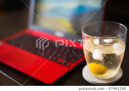 Homemade plum wine and a red computer 67461190