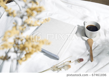 Photo album with white cloth reflecting natural light and shadows of leaves 67461896
