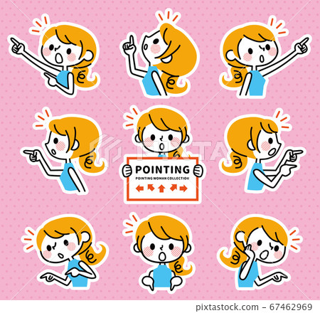 A woman who points in various directions is surprised A woman who points in various directions is surprised 67462969