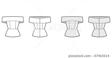 Off-the-shoulder peplum hem top technical fashion illustration with fitted body, zip fastening at back. 67463014