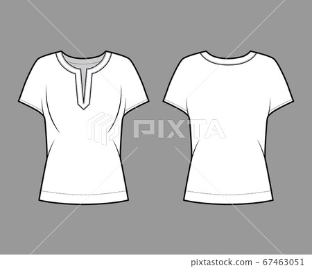 Blouse technical fashion illustration with split neckline, relaxed silhouette, wide short cap sleeves.  67463051