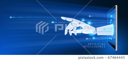 Smart phone with atrificial intelligence reaching global information, big data vector background, banner. Smart phone with atrificial intelligence reaching global information, big data vector background, banner. 67464445