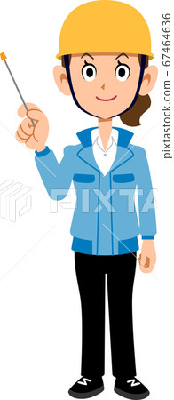 藍色工作服戴著頭盔與指向棍子的女人 67464636