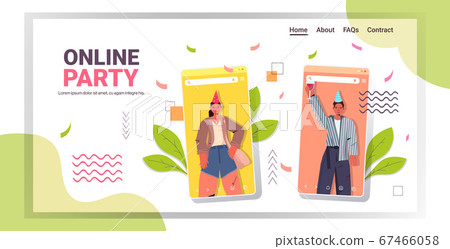 man woman in festive hats celebrating online birthday party couple in smartphone screen having fun man woman in festive hats celebrating online birthday party couple in smartphone screen having fun 67466058