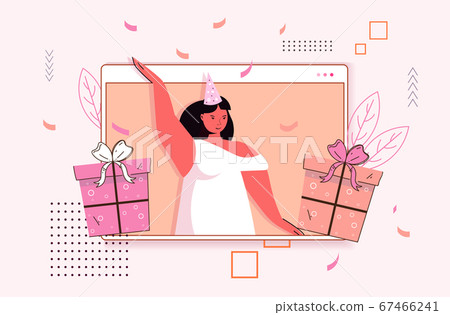 woman celebrating online birthday party girl in computer window with wrapped gift boxes 67466241