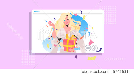 woman celebrating online party girl in web browser window holding wrapped gift box celebration woman celebrating online party girl in web browser window holding wrapped gift box celebration 67466311