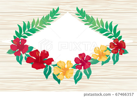 Illustration material: Watercolor analog touch white wooden board background and hibiscus and leaves rhombus frame summer image 67466357