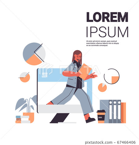 attractive businesswoman with folder coming out laptop screen digital detox concept full length 67466406