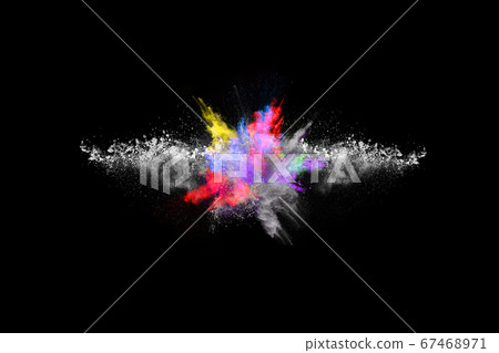 abstract colored dust explosion on a black background.abstract powder splatted background,Freeze motion of color powder exploding/throwing color powder, multicolored glitter texture. 67468971