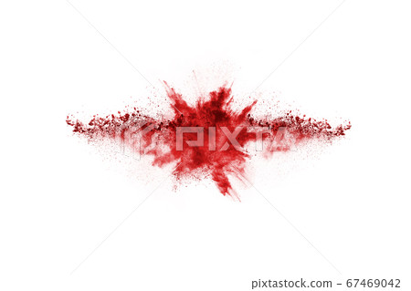 Freeze motion of red powder exploding, isolated on white background. Abstract design of red dust cloud. Particles explosion screen saver, wallpaper 67469042