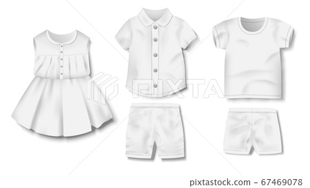 Realistic white blank baby bodysuit, shirt, pants, shorts, dress template isolated. Baby clothing mockup for newborns. Vector illustration Realistic white blank baby bodysuit, shirt, pants, shorts, dress template isolated. Baby clothing mockup for newborns. Vector illustration 67469078