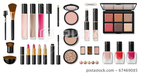 Set of decorative cosmetics. Blank template of containers for face cosmetic, concealer, eyeshadow, lipstick, makeup brush, powder, lipstick, nail polish and mascara. Vector Set of decorative cosmetics. Blank template of containers for face cosmetic, concealer, eyeshadow, lipstick, makeup brush, powder, lipstick, nail polish and mascara. Vector 67469085