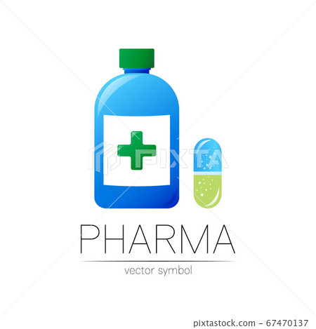 Pharmacy vector symbol with blue bottle and cross, pill capsule for pharmacist, pharma store, doctor and medicine. Modern design logo on white background. Pharmaceutical icon logotype . Human Health Pharmacy vector symbol with blue bottle and cross, pill capsule for pharmacist, pharma store, doctor and medicine. Modern design logo on white background. Pharmaceutical icon logotype . Human Health 67470137