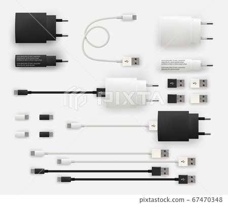 Realistic 3D USB micro cables, connectors, sockets and plug 67470348