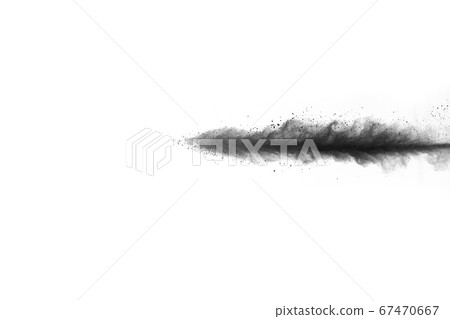 particles of charcoal on white background,abstract powder splatted on white background,Freeze motion of black powder exploding or throwing black powder. 67470667