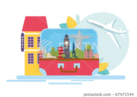 Suitcase With Landmarks Inside, Plane And Hotel On White Background 67471544