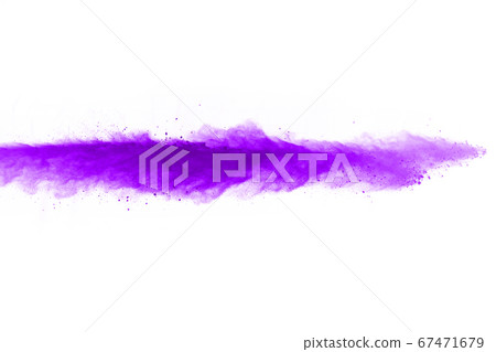 Powder explosion. Closeup of a purple dust particle explosion isolated on white. Abstract background. 67471679