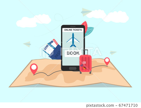 Vector illustration of cell phone with booking website on map 67471710
