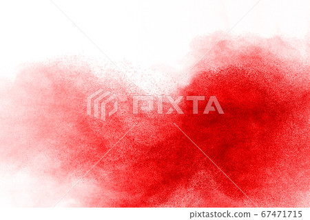 Freeze motion of red powder exploding, isolated on white background. Abstract design of red dust cloud. Particles explosion screen saver, wallpaper 67471715