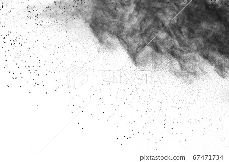 particles of charcoal on white background,abstract powder splatted on white background,Freeze motion of black powder exploding or throwing black powder. 67471734