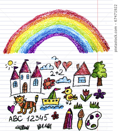 Kids drawing style elements for kindergarten, school. Little children and space exploration, education. Imagination and creativity. Kids drawing style elements for kindergarten, school. Little children and space exploration, education. Imagination and creativity. 67471922