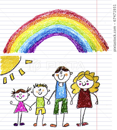 Happy family with little children. Mother and father with kids. Brother and sister with parents. My family with house and rainbow. Kids drawing style illustration isolated on white background. Happy family with little children. Mother and father with kids. Brother and sister with parents. My family with house and rainbow. Kids drawing style illustration isolated on white background. 67471931