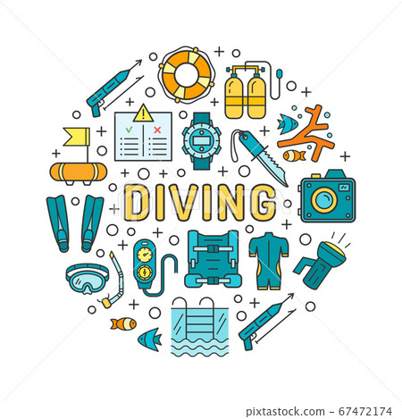 Diving equipment and scuba gear thin line icon set Diving equipment and scuba gear thin line icon set 67472174