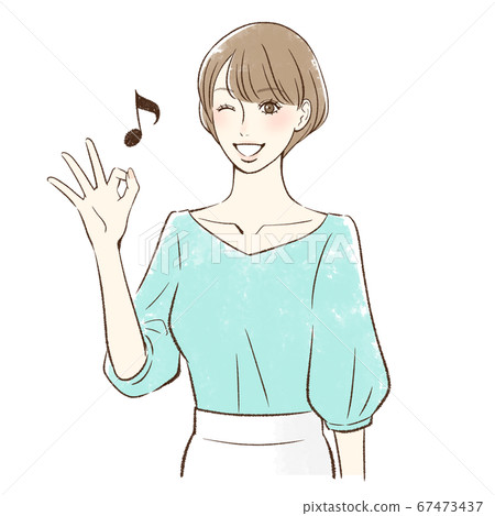 一個女人微笑著,給一個好的跡象 一個女人微笑著,給一個好的跡象 67473437