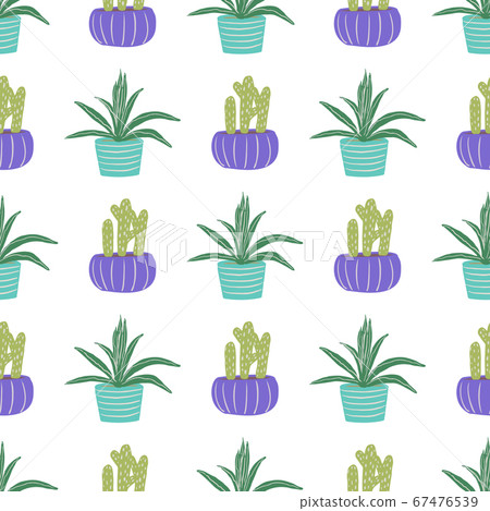 Hand drawn potted plants seamless pattern. Cactuses and succulents flat doodle illustration. Surface design template. 67476539