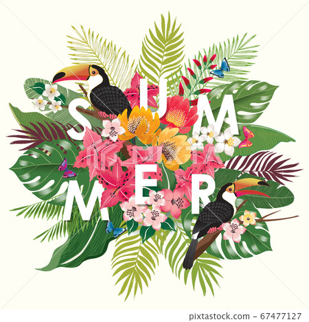 Vector illustration of tropical flowers in summer with birds and butterflies for wedding, anniversary, birthday party. Vector illustration of tropical flowers in summer with birds and butterflies for wedding, anniversary, birthday party. 67477127