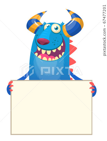 Funny monster with large blank and empty board sign 67477201