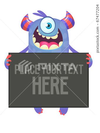 Funny monster with large blank and empty board sign Funny monster with large blank and empty board sign 67477204