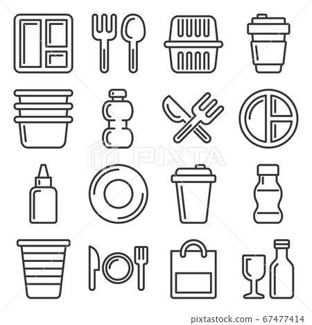 Plastic Tableware and Packaging Icons Set. Line... - Stock Illustration ...